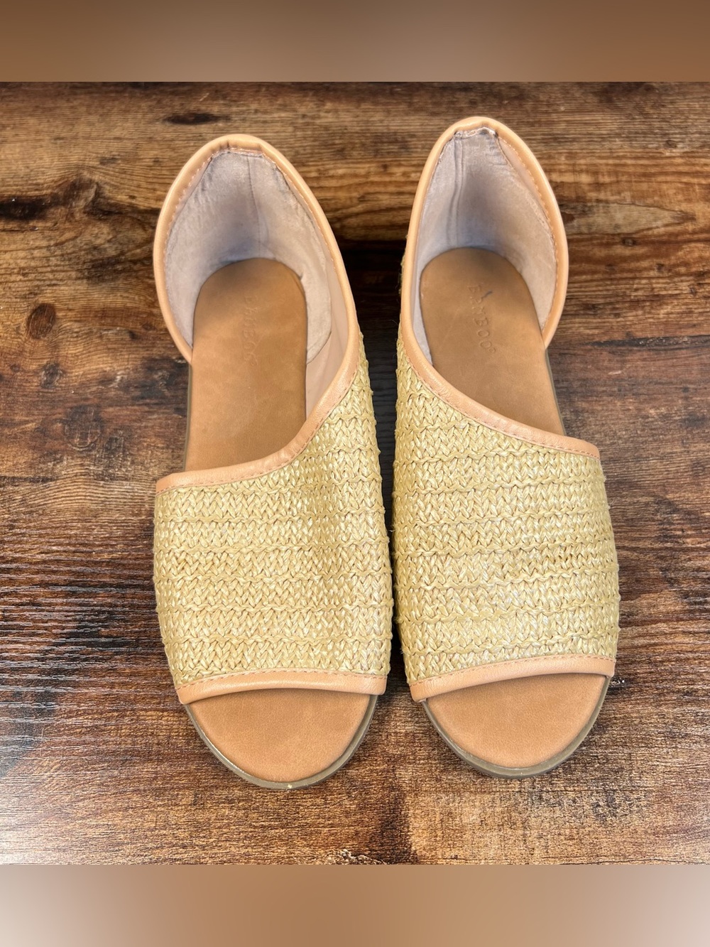 Bamboo Sandals Tan Basketweave Slip On Flat Boho Peep Toe women's 8 - Picture 4 of 8